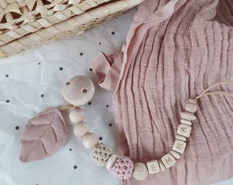 Personalized pacifier chain with name – in rose & beige with leaf pendant, a perfect gift for a newborn girl