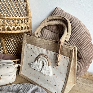Mädchen Tasche Jute Shopper Regenbogen personalisiert fairtrade gepunktet Naturtöne Namen Jutetasche Kinder