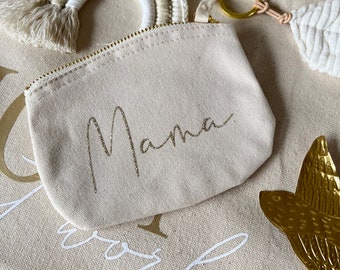 Mini Täschchen Gelbeutel Mama Beige Creme Glitzer Gold Tasche mit Name personalisierbar Mädchen Geschenk Schulanfang