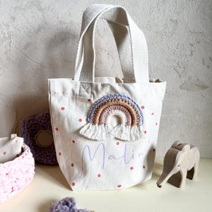 Mini Mädchen Tasche Regenbogentasche Regenbogen gepunktet Punkte Namen Flieder Apricot Pastell bunt personalisierbar Shopper Kindertasche