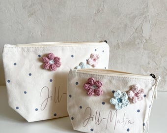 Pochette personnalisée pour fille, sac à langer, trousse de toilette à fleurs, rose, à pois bleu clair, avec prénom, rose, cadeau