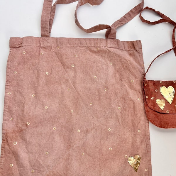 Sac en tissu teint à la main rosé avocat rose doré pois coeur Fairtrade vieux rose maternelle personnalisé avec prénom