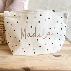 Personalisierte Krimskrams Tasche Windeltasche Kulturbeutel gepunktet Kupfer Punkte Boho fair trade Mädchen Damen mit Name