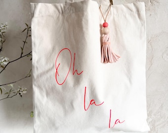 Borsa tote "Oh la la" con nappina | Borsa in tela di cotone biologico | Borsa shopper | Borsa di tendenza | Regalo personalizzato per donna