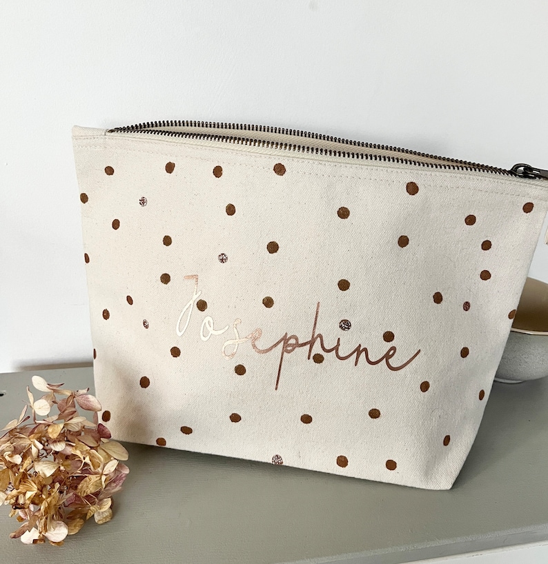 Personalized odds and ends bag diaper bag toiletry bag dotted copper dots boho fair trade girls ladies with name image 1