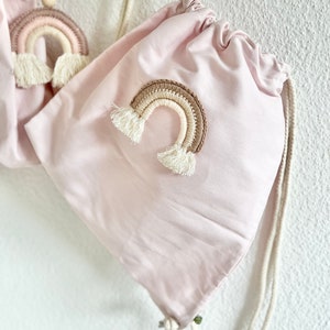 Rosa Turnbeutel Stoffbeutel Stoffrucksack Regenbogen fairtrade Rosé Mädchen personalisierbar Namen Canvas
