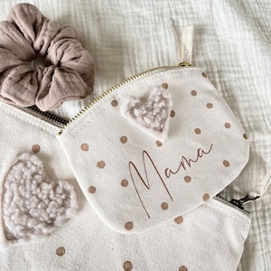 Plüsch Herz Täschchen Gelbeutel Mama Beige Creme Braun Tasche mit Name personalisierbar gepunktet Mädchen Geschenk Muttertag