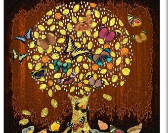 Hand Gold painted leaves Tree of Life  with Butterfly, All Colours, HalfPrint/Painting, really Lush looking home decor, handpainted Gold