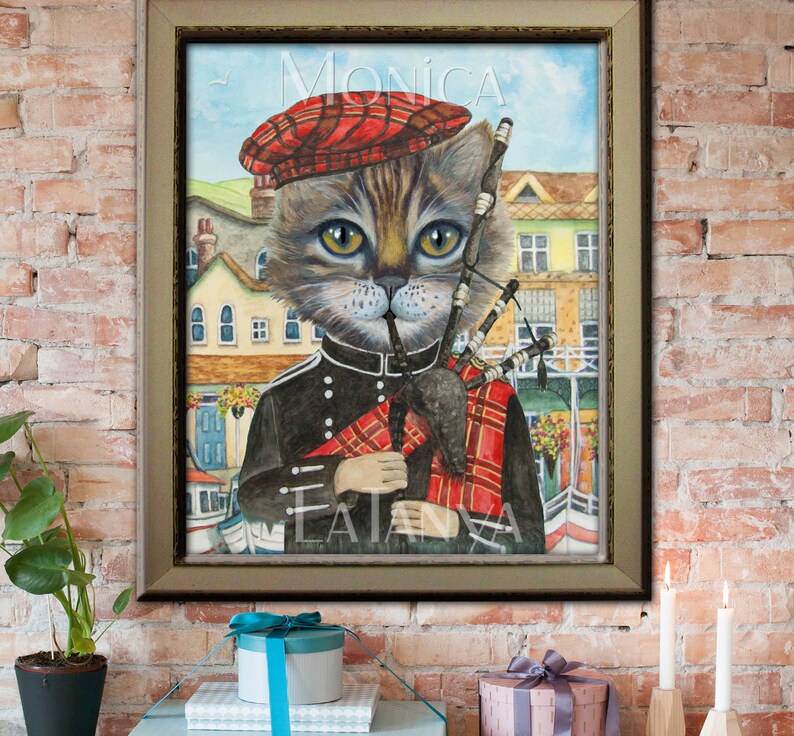 Tabby Cat playing Scottish Bagpipes and hat Fine Art Print by Etsy
