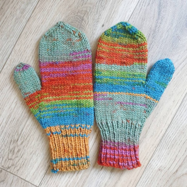 Hand Knitted Mittens, Multicolour Rainbow Gloves, Unisex, Handmade, Pink, Blue, Green Yellow, Orange, Stripey