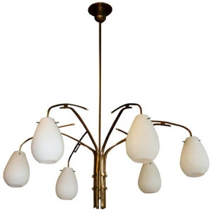 Sciolari Italian 1970s Brass Chandelier with Original Satin Opal Glass Shades 6 Lights Brass