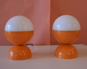 Paire de lampes boule Space Age Orange Clair/Vert/Noir Vintage Design 70s Italian Light abat-jours verre métal