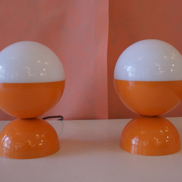 Pair of Space Age ball lamps Light Orange/Green/Black Vintage Design 70s Italian Light abat-jours glass metal