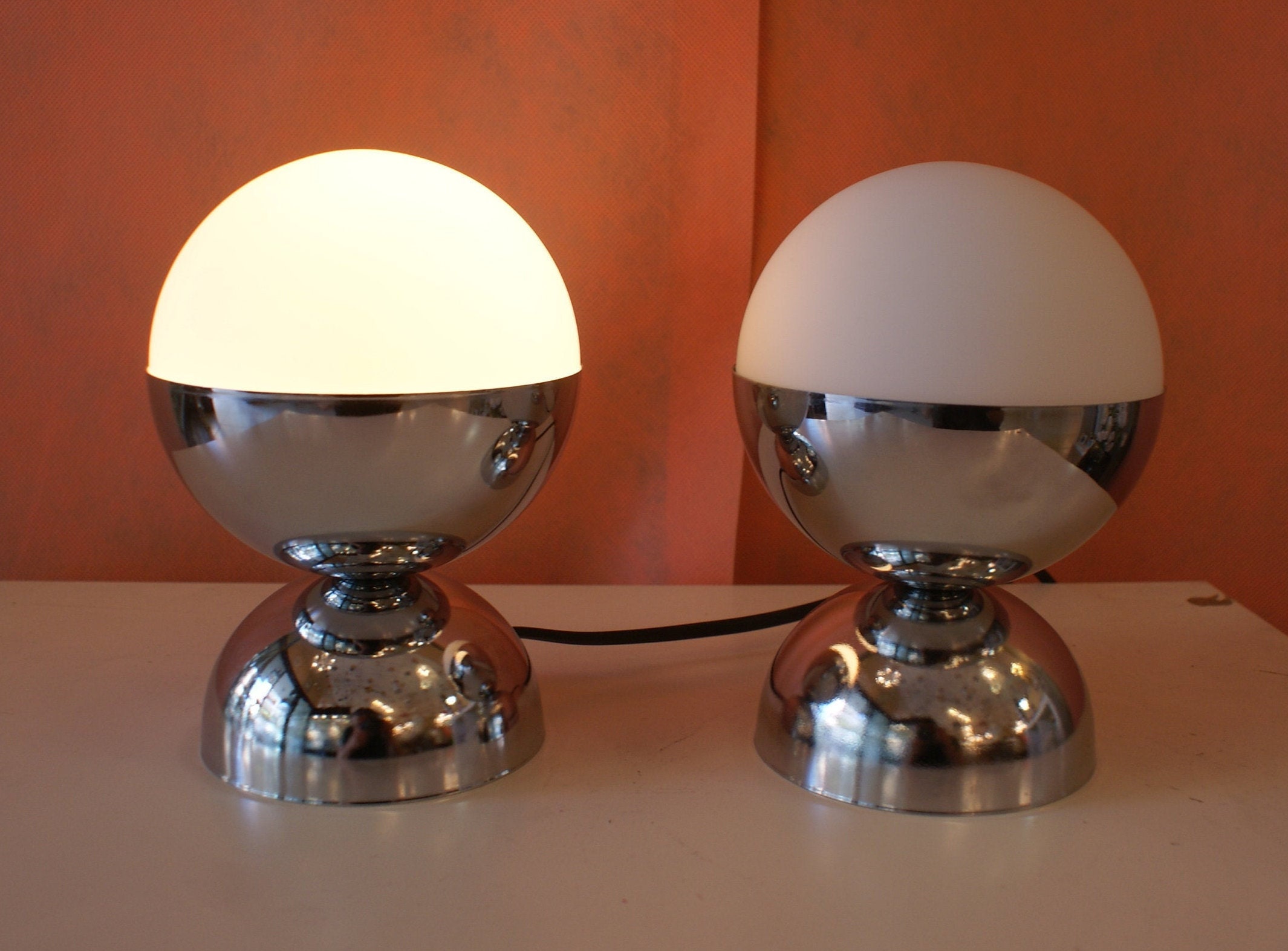 Pair of Space Age ball Light Chrome Vintage Design 70s Italian Light lampshades glass metal