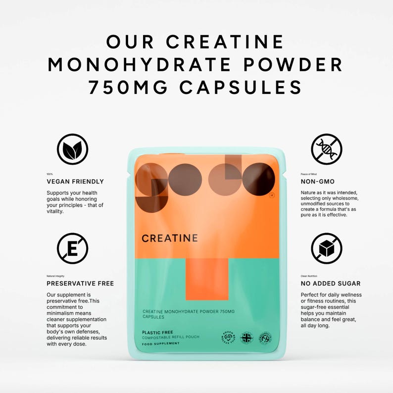May include: A teal and orange pouch of creatine monohydrate powder capsules. The pouch has the word "CREATINE" printed on it. The text on the pouch says "CREATINE MONOHYDRATE POWDER 750MG CAPSULES". The image also includes text that says "VEGAN FRIENDLY" and "NON-GMO".