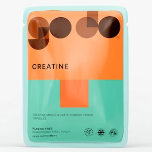 May include: A teal pouch with an orange and teal colour block design, containing creatine capsules. The word "CREATINE" is displayed in white. The text "CREATINE MONOHYDRATE POWDER 750MG CAPSULES" is also visible on the pouch.
