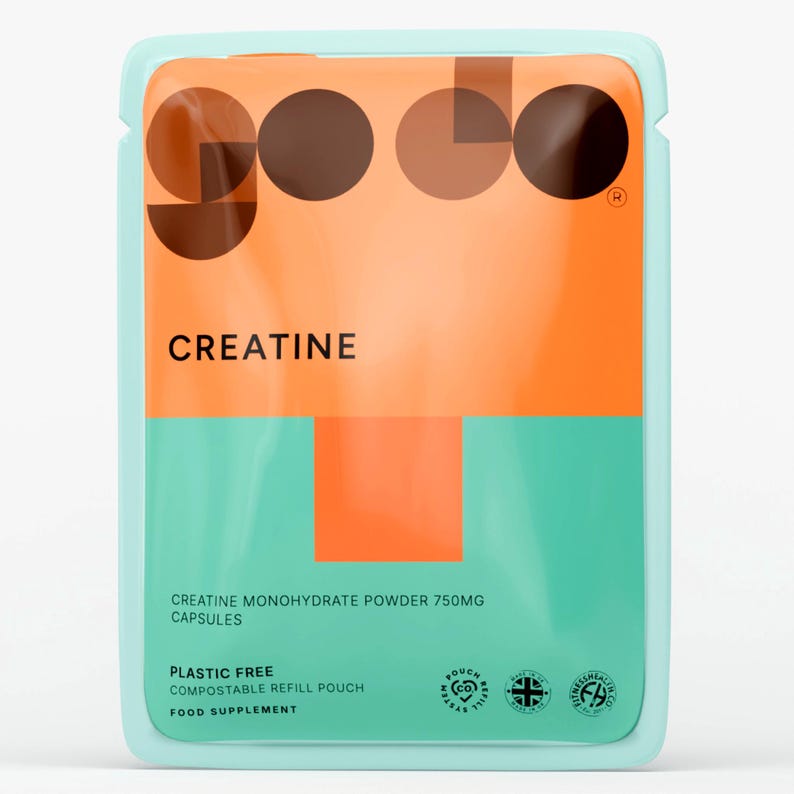 May include: A teal pouch with an orange and teal colour block design, containing creatine capsules. The word "CREATINE" is displayed in white. The text "CREATINE MONOHYDRATE POWDER 750MG CAPSULES" is also visible on the pouch.