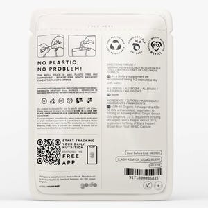 May include: A white and clear refill pouch with text that reads "NO PLASTIC, NO PROBLEM!" and "START TRACKING YOUR DAILY NUTRITION". The pouch contains dietary supplement information and a QR code.