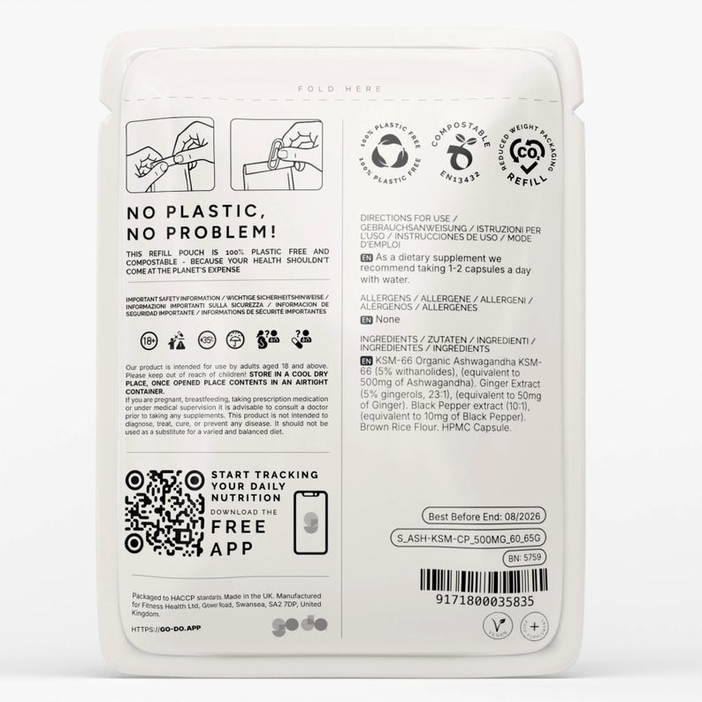 May include: A white and clear refill pouch with text that reads "NO PLASTIC, NO PROBLEM!" and "START TRACKING YOUR DAILY NUTRITION". The pouch contains dietary supplement information and a QR code.