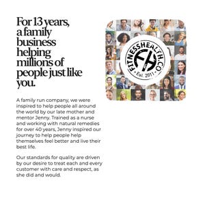 May include: White background with text: "For 13 years, a family business helping millions of people just like you." A logo with the text "Fitness Health Co. Est. 2011" is surrounded by a collage of faces. Text below describes the company's mission.