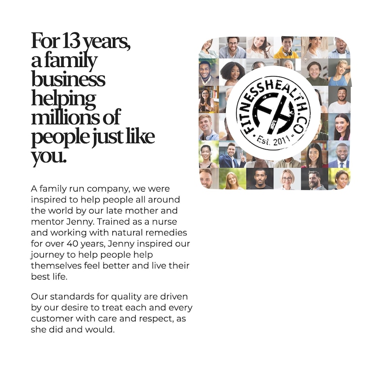 May include: White background with text: "For 13 years, a family business helping millions of people just like you." A logo with the text "Fitness Health Co. Est. 2011" is surrounded by a collage of faces. Text below describes the company's mission.