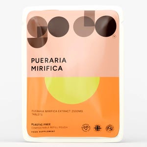 Può includere: Una busta di ricarica compostabile e senza plastica per integratori alimentari. La busta ha un bordo bianco e uno sfondo sfumato pesca e arancione. Il testo "PUERARIA MIRIFICA" è visualizzato sopra "PUERARIA MIRIFICA EXTRACT 2500MG TABLETS".