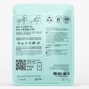May include: A light blue refill pouch with product details, including "NO PLASTIC, NO PROBLEM!". It contains Creatine Monohydrate capsules. The pouch features a QR code for a free app and a "Best Before End" date.