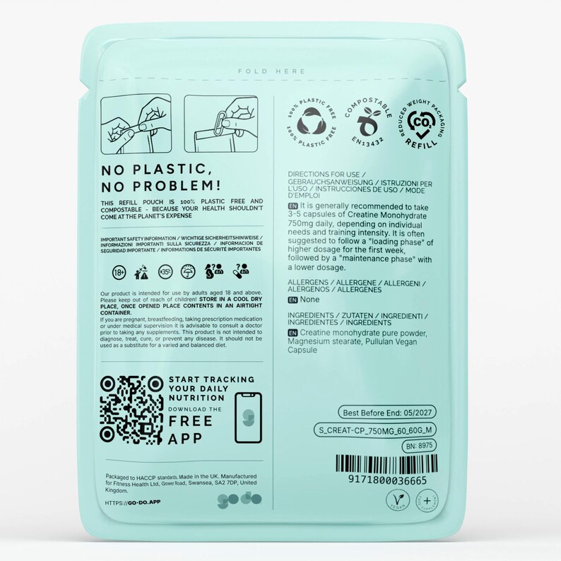 May include: A light blue refill pouch with product details, including "NO PLASTIC, NO PROBLEM!". It contains Creatine Monohydrate capsules. The pouch features a QR code for a free app and a "Best Before End" date.