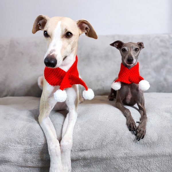 Dog Winter Scarf - Red with White Pom-Poms |Christmas dog scarf | Dog neck Warmer | Dog winter clothing