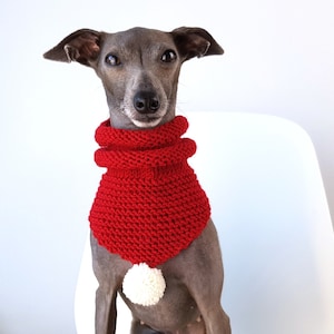 Woollen Dog Bandana Red with White Pom-Pom & Red with Multicolour Pom-Pom, dog snood,, whippet snood dog neck warmer image 1