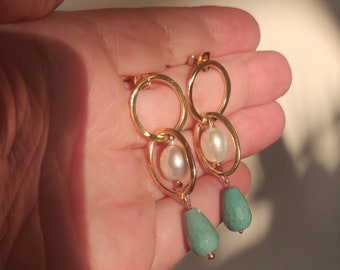 Earring Sterling Silver, gold plated silver, mother of pearl, turquoise jade, hammered chandelier, jade pearls, alexia jewelry, chandelier