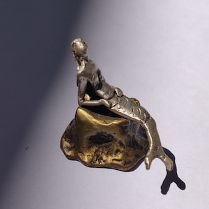 Silver and bronze mermaid miniature, small mermaid statue, miniature silver mermaid, handcrafted miniature figurine, small scale sculpture