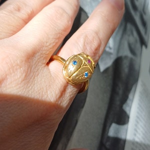 Scarab ring in gold plated sterling silver with colorful zircons, ancient Egyptian scarab, sacred beetle pendant, lucky charm beetle, scarab