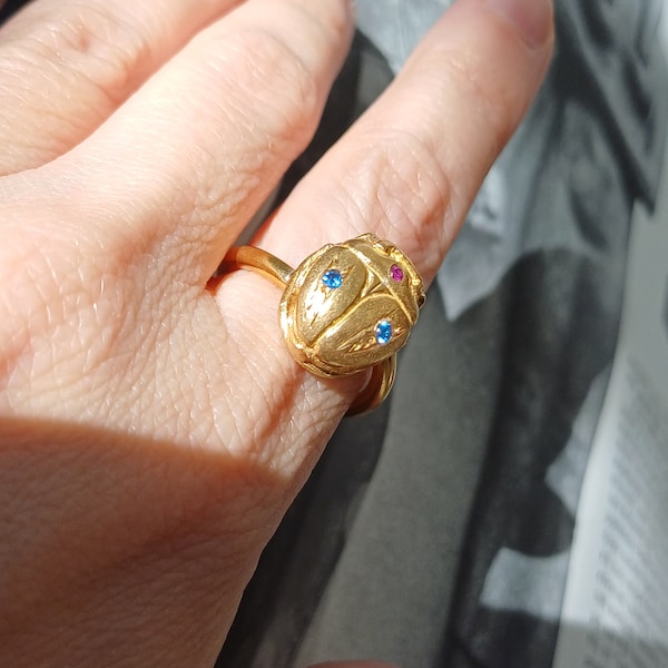 Scarab ring in gold plated sterling silver with colorful zircons