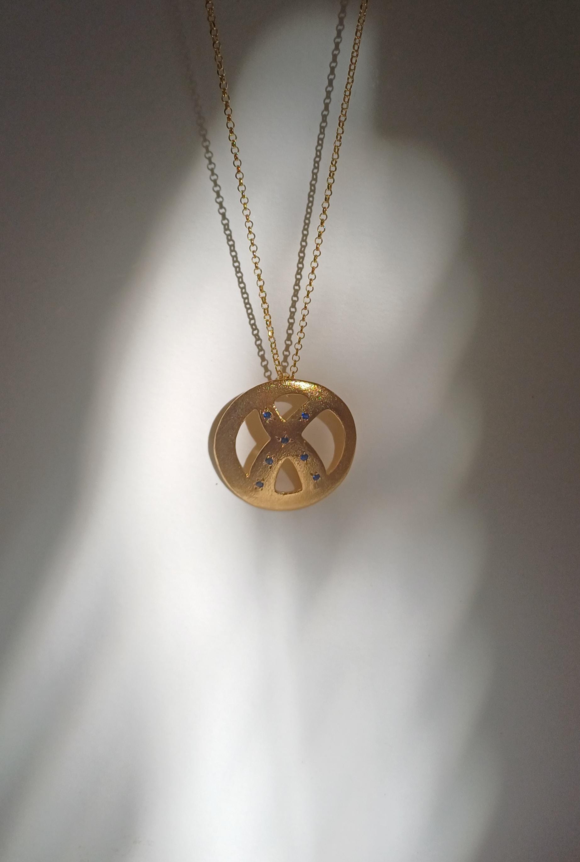 Crossroads pendant, life change crossroads, simple pendant, symbol necklace, gold plated silver with blue zircons