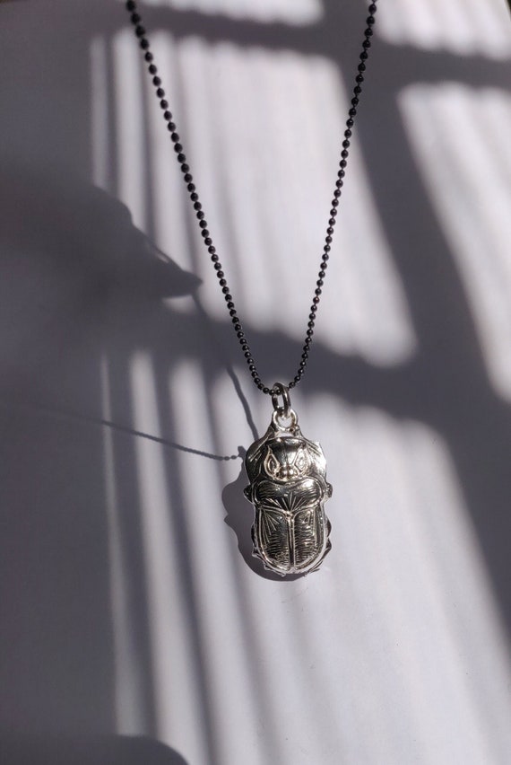 Silver scarab pendant, Egyptian Scarab necklace, … - image 1