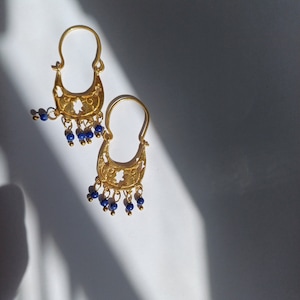 Lapis lazuli gold earrings, traditional ancient Greek earrings