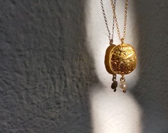 Golden scarab pendant, Egyptian gold pendant, Egyptian beetle, sterling silver beetle, rebirth symbol, beetle necklace in gold, charm beetle