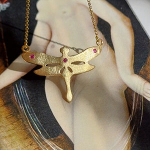 Dragonfly pendant, inspired by nature pendant, dragonfly jewellery, gold plated silver dragonfly with ruby zircons, lucky charm dragonfly