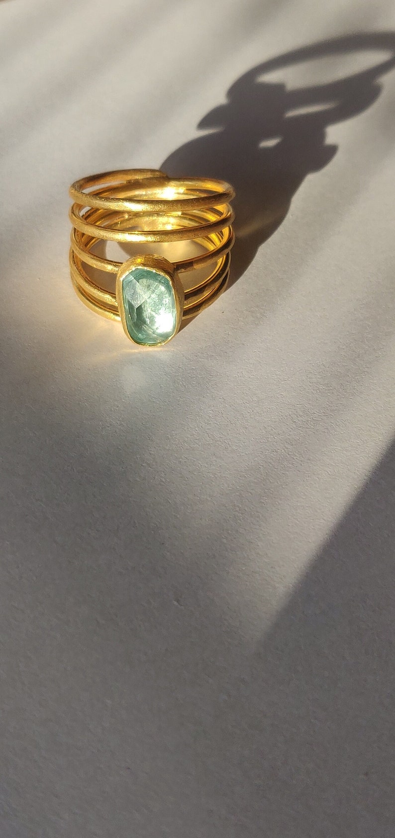 Ring gold plated silver, green amethyst, synthetic crystal, wire gold ring, green color, wire ring, statement ring, statement eccentric ring image 1