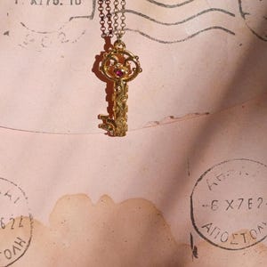 The key to your heart, key pendant, key necklace, goldplated silver with ruby zircons, key jewelry, for valentine&#39;s day, gift for my lover