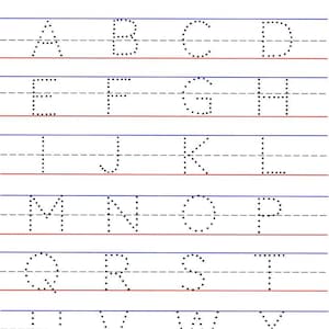 Lettere maiuscole tracciabili alfabeto carta a righe fondo rosso, parte superiore blu, pagine di esercizi di scrittura, download digitale stampabile