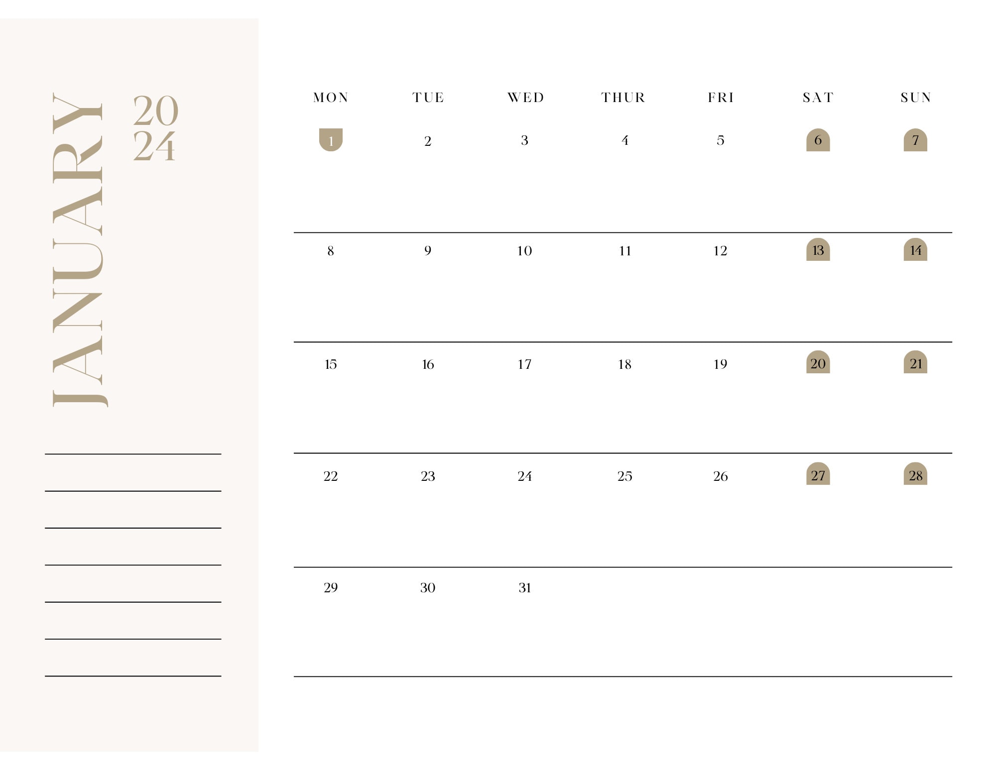 12 Month Printable Calendar With Holidays and Notes. - Etsy