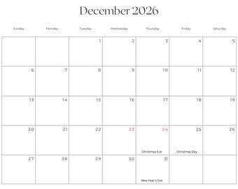 2026 Large Printable Calendar with Holidays