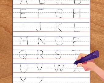 May include: A white practice worksheet featuring the uppercase English alphabet from A to Z in a dotted font. The letters are arranged in rows on lined paper with blue top and bottom lines and a dashed middle line. A purple crayon is shown.