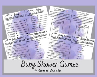 Paquete de 4 divertidos juegos imprimibles para baby shower, color morado