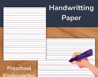 May include: Digital download of handwriting paper in landscape and portrait orientations. The white paper features horizontal lines with a solid red top line, a dashed blue middle line, and a solid blue bottom line for writing practice.
