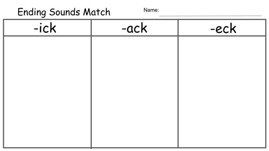 Ending Sound Match Ick Ack Eck Printable Worksheet Digital Download 