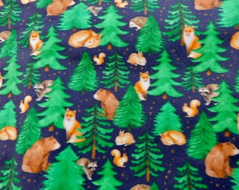 Woodland Animal Forest  Fabric / Fabric with Fox, Bear, Rabbits, Raccoons, Squirrel