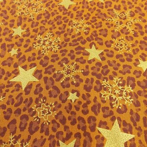 Brown Print Fabric with Gold Stars / Remnant / Fast Shipping / 100% Cotton